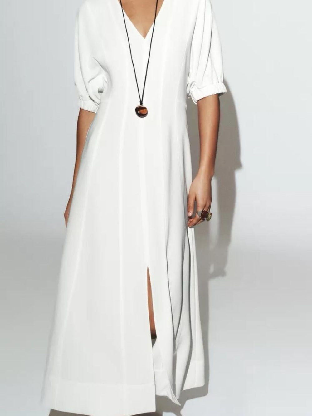 Zara White V-Neck Maxi Dress with Front Slit